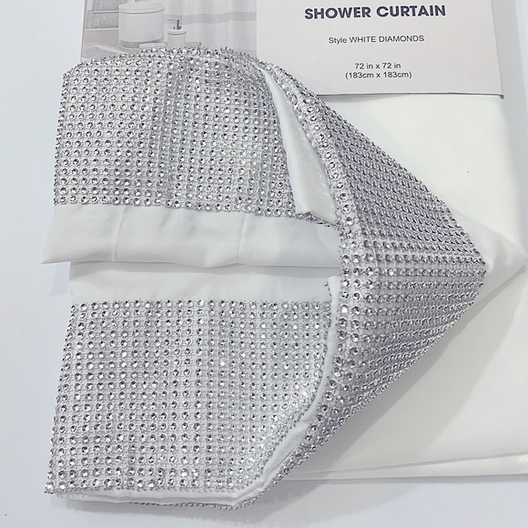 White Diamonds Shower Curtain Fabric Sparkling Rhinestones 72” x 72” White - Picture 2 of 14